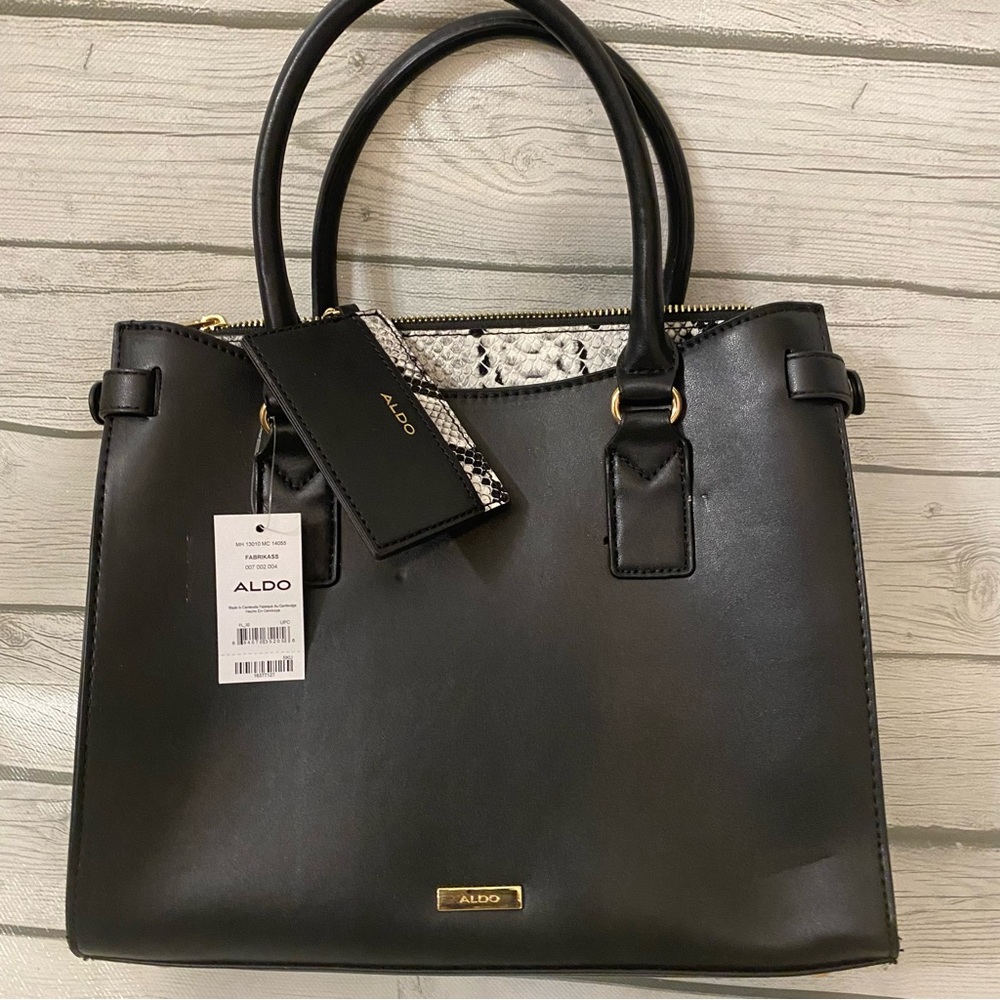 Aldo Tote/Satchel Black Snake print accent Detachable strap & change pouch- New!